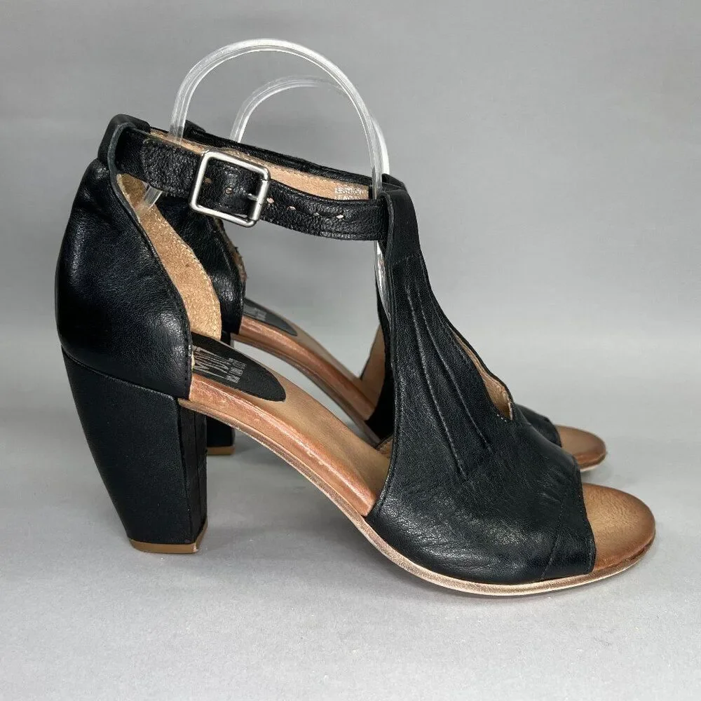 Miz Mooz Heels Women's Size 10 Black Leather Open Toe Buckle Ankle Strap Sandals